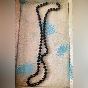 Vintage Monet Hand Knotted Black Glass Bead Necklace w/ Gold Tone Chain & Hook